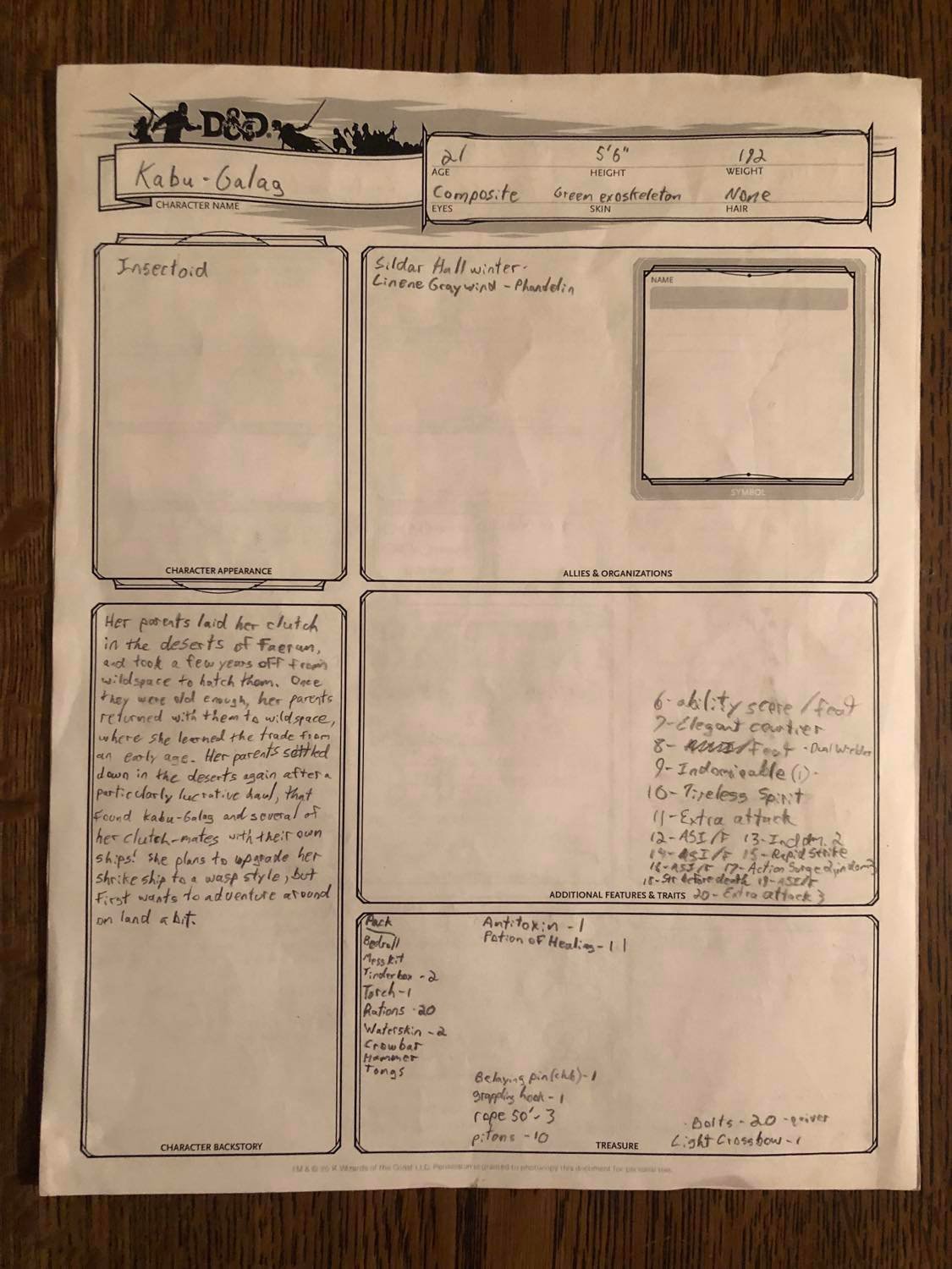 Page two, a little bit of backstory about her clutch of eggs being laid in a desert, her family though having been involved in wildspace exploration. There's not much past her initial adventurer kit for items, an antitoxin and a potion of healing in there. She knows at least one person in Phandalin it seems, a person named Linone Greywind. 192 pounds, for what it's worth. Green exoskeleton for skin colour. Five foot six.