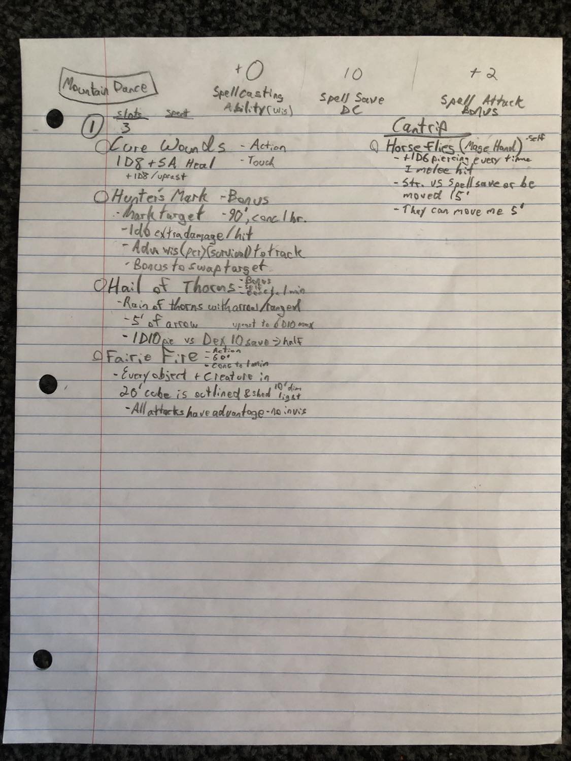 Page two of her character sheet, her current spells. Cure wounds, hunter's mark, hail of thorns, and fairie fire. Also the swarmkeeper cantrip mage hand, in the form of horseflies.