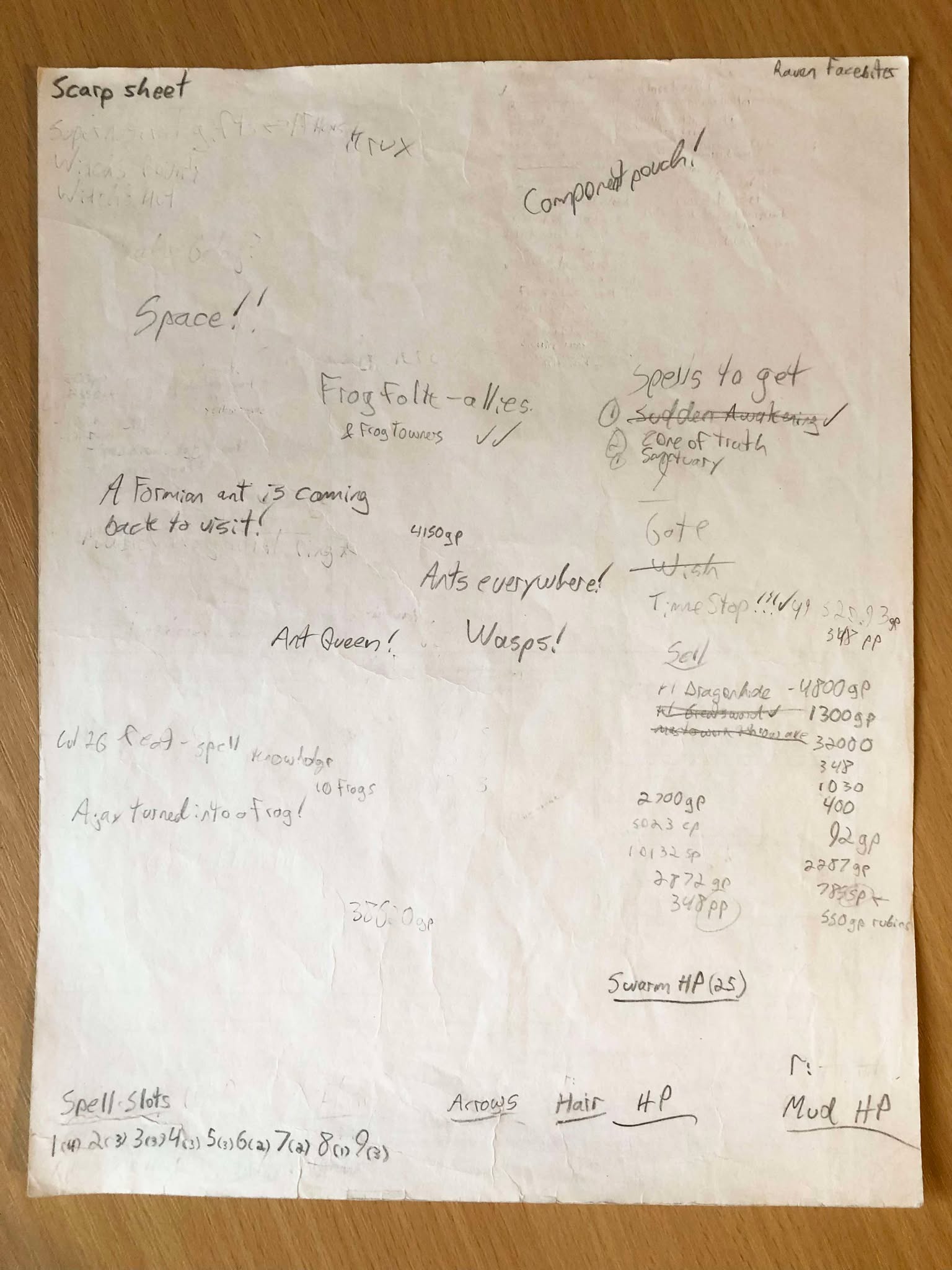 The final page, her scarp sheet, a deliberately misspelled scrap. Her scarp sheet, with bits and pieces from all of the modules written down on here, some half-erased. It mentions a component pouch, what spells she wants to get (zone of truth and sanctuary), mentions frog folk and wasps, and formians, and how Ajax was turned into a frog once!?! There's a big list of quantities of gold, I thought I'd leave that there because it looked interesting, all of the loot from a module that she did. I had to, it's either that or leave it for the evil folk to recollect it and use it to pursue bad. So we collected all the equipment and stuff to put towards the side of good, and a lot of that is listed here. Evidently she had dragonhide armor once. It's got a scarp section for her health in mud form, and her swarm's health there, as well arrow count, hair time, and mud rounds.