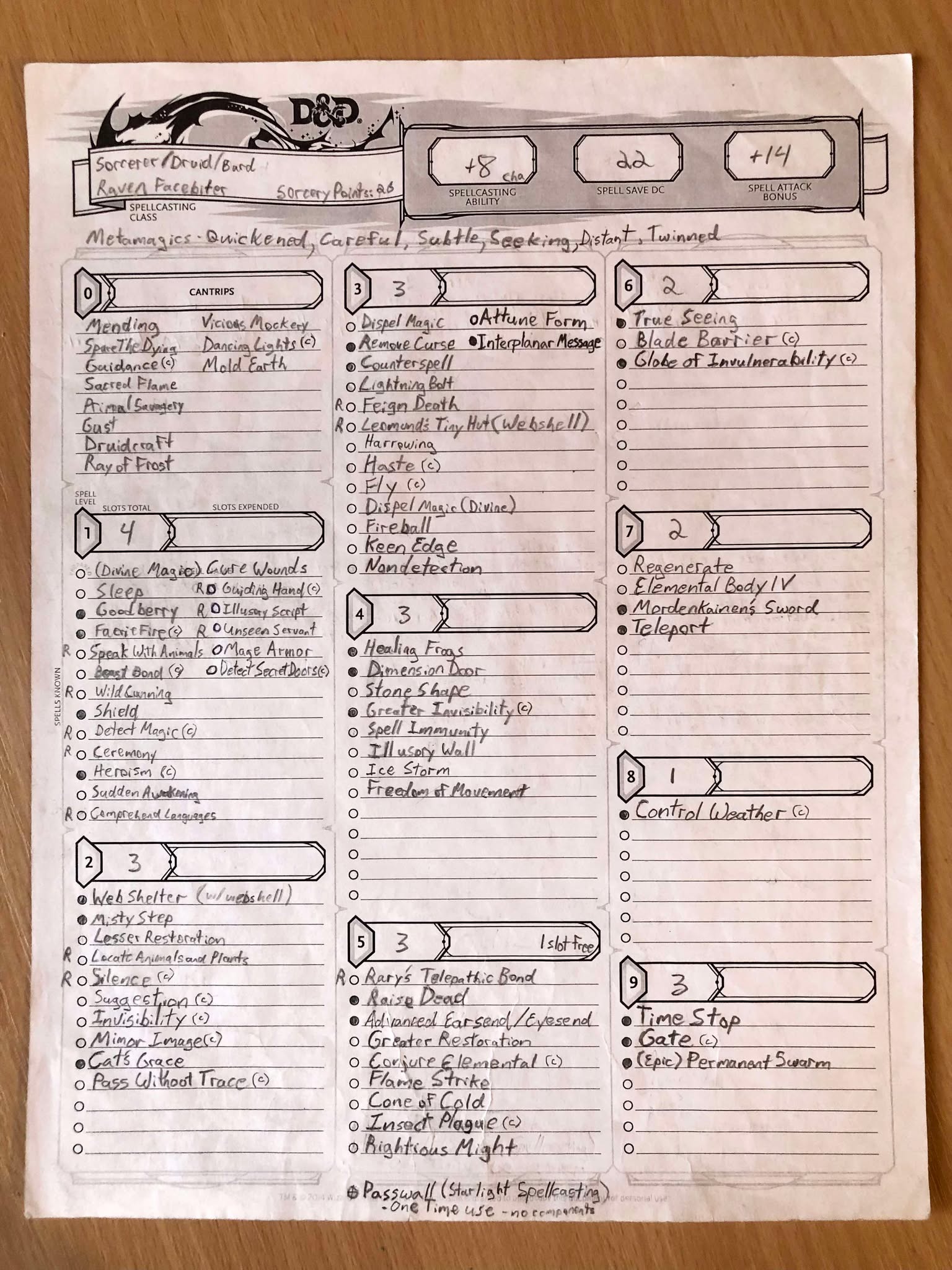 Story Notes: After the rift, Druids, then goblins. This was what I did before going to the cities, my goblin friends and I. I was about level 10 when some of my goblins and I left, looking for the cities. I was human, still, and the goblins would hide, or wear long raincoats style. They don't want to cause problems, and we were peaceful. Goblins seem to be accepted now though, for the most part. Note: I did not level up in the hundreds of years that I have been alive. I just stayed with the tribe, for generations, when I didn't age. I was simply content, their constant rock, their healer. It was the aging, and the urging of my friends that led me to develop the spell 'Healing Frogs', so we would have added healing in our travels. It was soon after that we met Kabu-Galag, an insectoid creature, a Thri-Kreen. She had just come back from a mine near Phandelin (our frogs don't eat flies by the way, they heal). Also we like flies, and keep swarms. Her being an insect loved them, so she offered to take us to her ship!
And oh wow was there madness. So... those giant crystals started growing on Toril, something from outer space! We were at Kabu-Galag's ship anyway, so we hopped onto there... we went to multiple different star systems! Kabu-Galag upgraded her ship, we found the source of the crystals, stopped them. Went back, new ship again, a Wasp style!! So cool. After that, we saved a Frog Temple in some land but 4000 years ago! We even still have some of their currency! So the frog temple had been taken over by thieves and stuff, so we went and cleared out all the bad people and got it back to the good folk. We made a quick stop in a town called Respite, back in our own time after that, which apparently had a petrification/calcification problem. We solved that pretty quick, and proceeded to rest a bit after all that excitement. We met frog-folk! Wonderful place, Comeback Inn, it'll take you to that 4000 year old frog temple. Checked on it in the current time, still there! Said hi and stuff. Anyways, it was after that that we saved Respite. During our stay, we heard plight of a building that had been overrun with ghosts, all trapped there! We cleanesd the land, freed the trapped spirits, and returned back to the town.
It was during this time, we were upgrading our equipment. We had gone to a local blacksmith, but they had been attacked recently, by giant metal cats apparently! And rumours were heard about other blacksmiths being attacked too! We had to investigate.
Oh wow, it turns out some being on another *plane*! is sending out the metal cat attackers! We found someone who could plane-shift, Leokorus was his name, and he accompanied us. First to the Concordant Domain of the Outlands, a city called Rigus! We were only there for 5 minutes before going to Acheron, the source of the metal cat creatures, and some guy trying to take over Toril? We kept going, we had to try to stop him!
Oh my goodness, this plane is made up of giant floating metal cubes! One of them, Kolyoral, we met this awesome Ant Queen, and her wonderful hive! Formians, her species. Wonderful woman, caring, intelligent, vibrant! Just an awesome lady, even sent a platoon of ant warriors with us to stop this guy that's trying to take over the land! Now, I kid you not, I tied a rope around their ankles. Time Stop, ankled, haaaste upon our stabby guys, and pop a globe of invulnerability juuust at their feet. Put the plague riiight where they're about to fall, then chop at their feet. Did NOT see that coming, straight into insects, hack and slash, took them like three rounds to figure out why spells didn't hit us, cone of cold, ants, ants from all sides! The ants live there now, which is pretty awesome. I discovered the spell Interplanar Message, and can talk to eachother with it now! Queen of the Iron Fortress of Zandikar, pretty rad. We stuck around for a while, helped rebuild, or improve the place. Ant tunnels. And the forges can be a LOT cooler, weird stuff only happens if it's off for hours and hours, and She knows that. One lil coal burning does it well, She DOES forge with it tho, just saying. Keep an eye, it's honestl... never mind, they just... like three rounds, I'm in another room here, anyway that's solved now.
And so, the world saved, we set to continue visiting our ant friends, and the Ant Queen! I got the spell Gate, while helping the ants defend the cube. These were wonderful people, they should take care of this cube. So I sought to create a spell, Permanent Swarm. May the ever-buzzing climate-but-not-quite-climate of the cube defend its inhabitants, and protect the Queen and her Antdom. Also I can visit on the daily rly, we often do! Beautiful radish soup there, tangy and sweet!