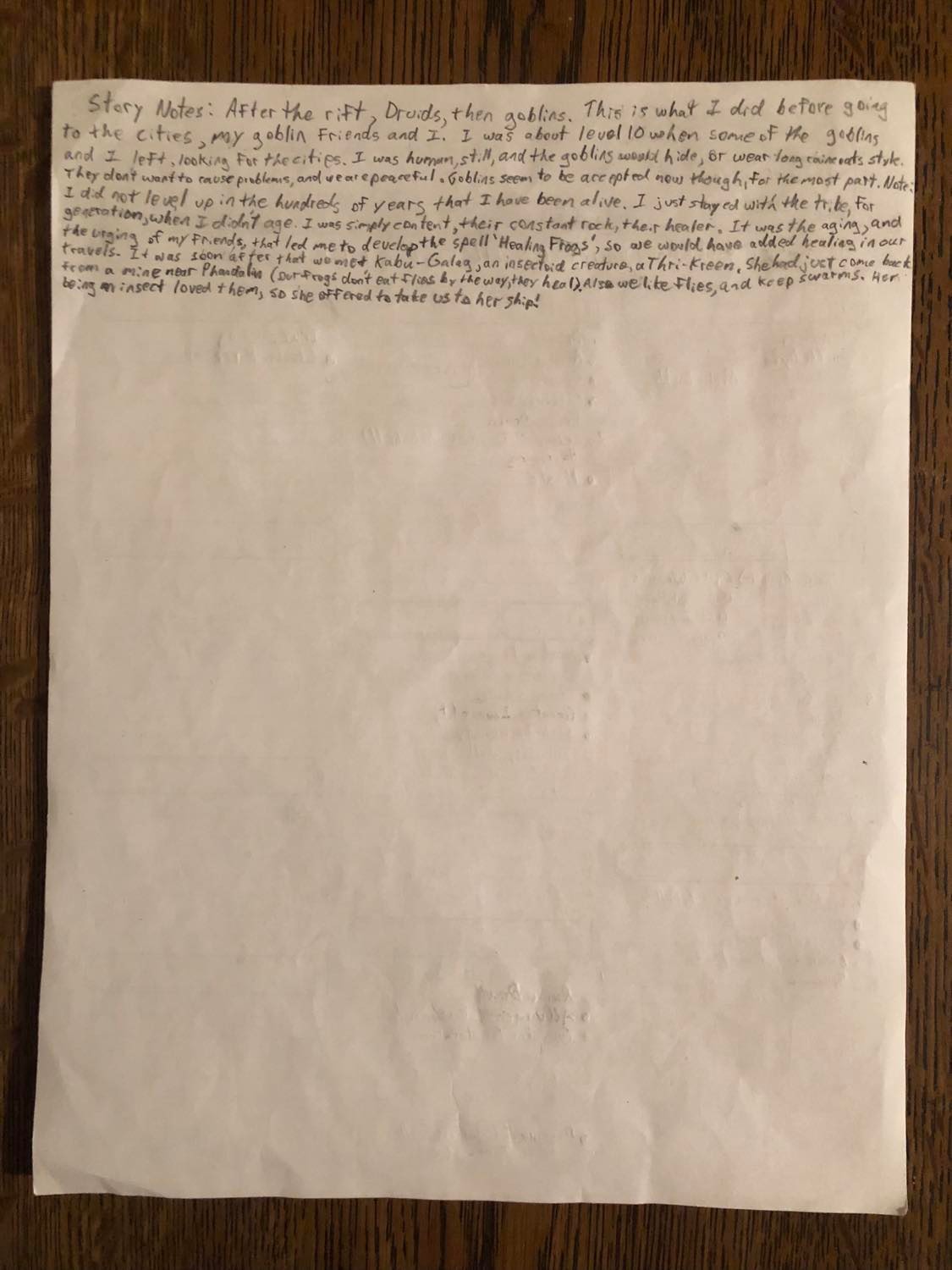Another part of her backstory, which will be detailing what happens after she is urged to travel to the cities with her goblin companions. The first background detailed the pre-aging times, and this background lists what happened after she began to age normally again. Namely, all of the modules to come, see her higher level character sheets. Mainly on this one, she and some goblins set out to explore the cities, but she first develops the spell Healing Frogs before leaving (level 3, summons 20 frogs that heal 1 health each, 20 additional frogs per upcast). It also indicates that soon after leaving, they stumbled across a Thri-Kreen named Kabu-Galag, an insect-like humanoid creature with four arms, whom they immediately took a liking to, as they already have a love of insect fly swarms. Also their Healing Frogs do not eat the flies, they are there to heal, and then they vanish.