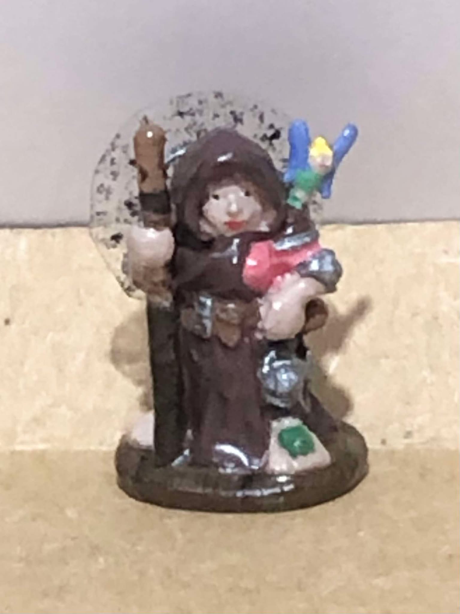 And we finished the mini! We have our fairy Abby on our shoulder, my pet toad named frog on my foot, and the swarm attached to my back, standing in a paperboard and paper rendition of a shop. Would you like a card adventurer, many interesting things could await.