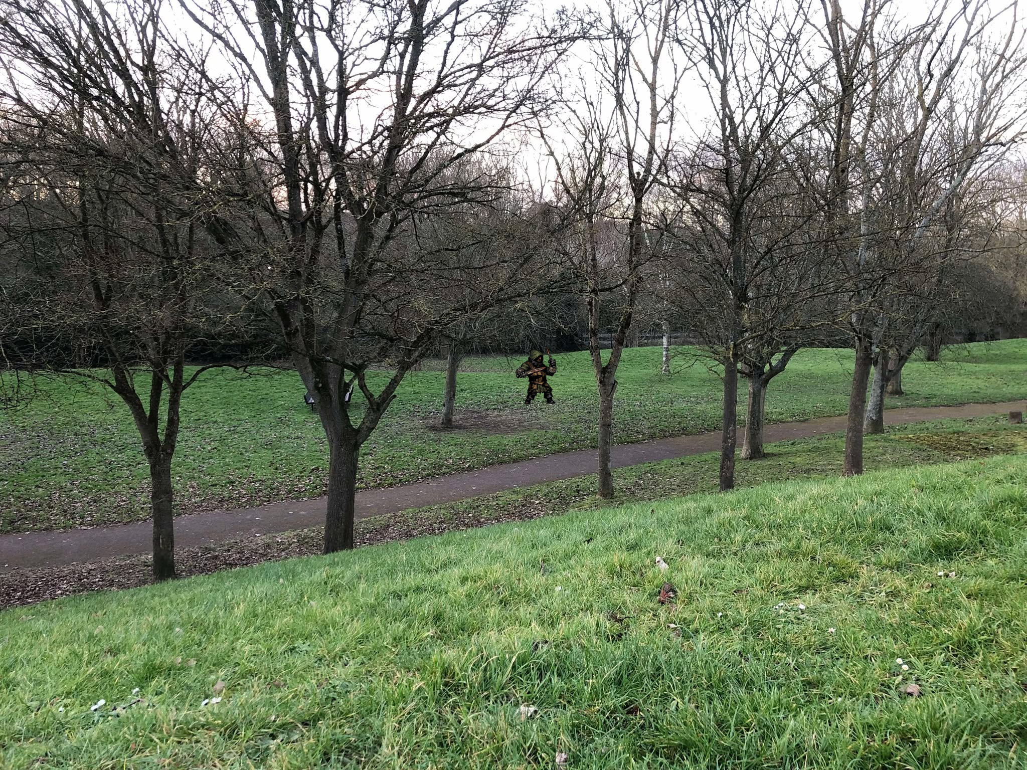 In the park, early spring before the leaves have sprouted, a hooded brigand stands amongst the trees about 40 feet away.