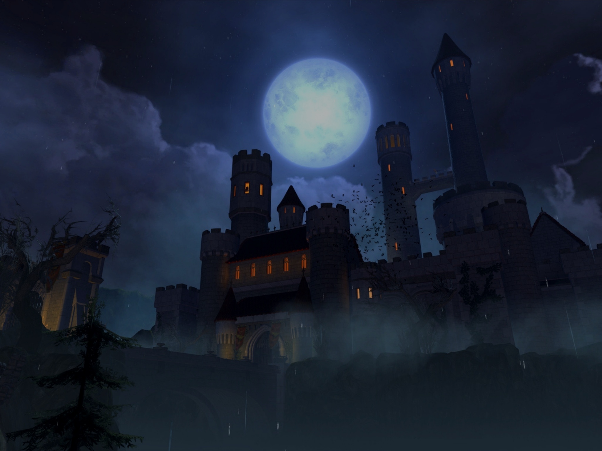 Castle Ravenloft stands in the distance, a dark and sinister castle surrounded by fog and bats.