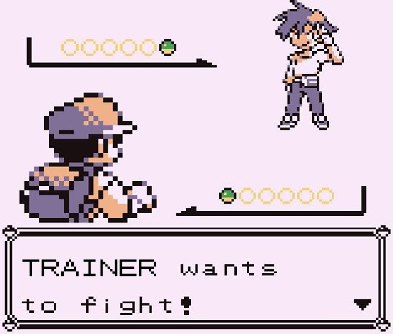 A screenshot from the Pokemon Red version of the game, a battle scene with Ash facing off against a trainer, ready to duel.